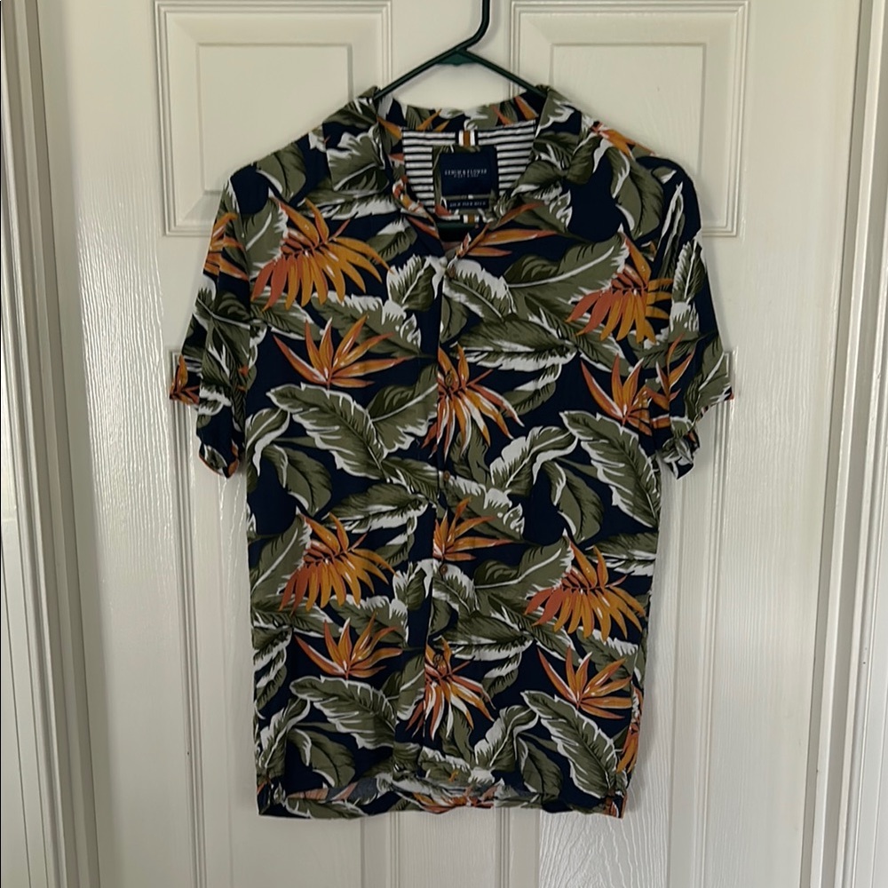 Denim & Flower Men's Tropical Print Shirt - Navy, Orange, Green Size M